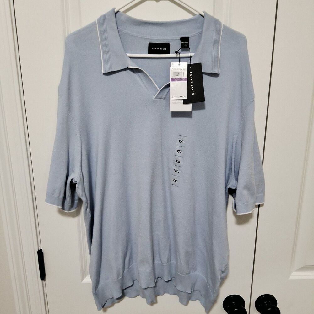 Perry Ellis Men's V-Neck Stretch Short Sleeve Light Blue Polo Shirt Size 2XL NWT
